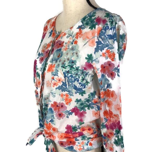 Zara Floral Tie Front Blouse Long Sleeve Button Down Multi Color Womens Sz Med - Picture 4 of 8